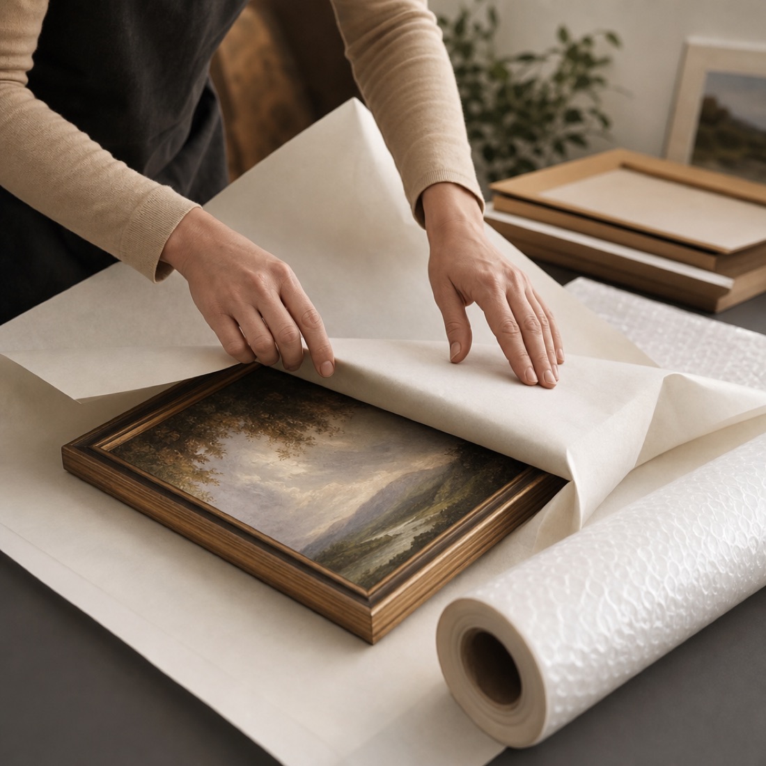 Hands wrapping a framed artwork in protective paper for shipping