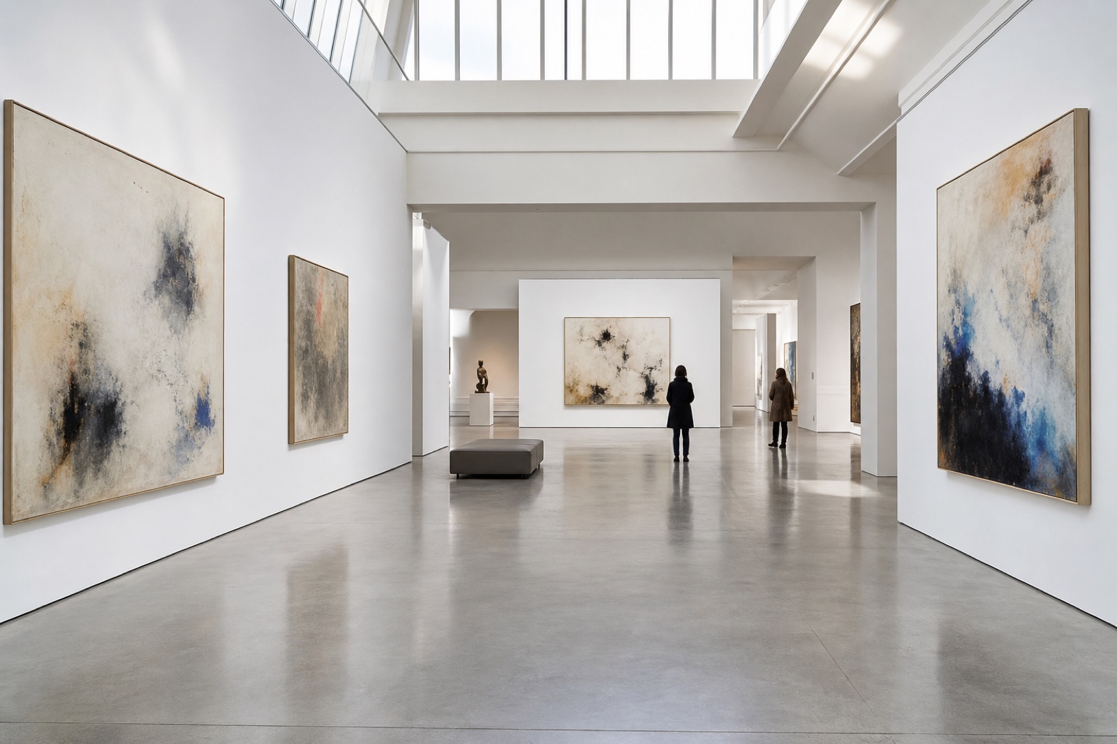 Gallery hall with visitors viewing large abstract paintings