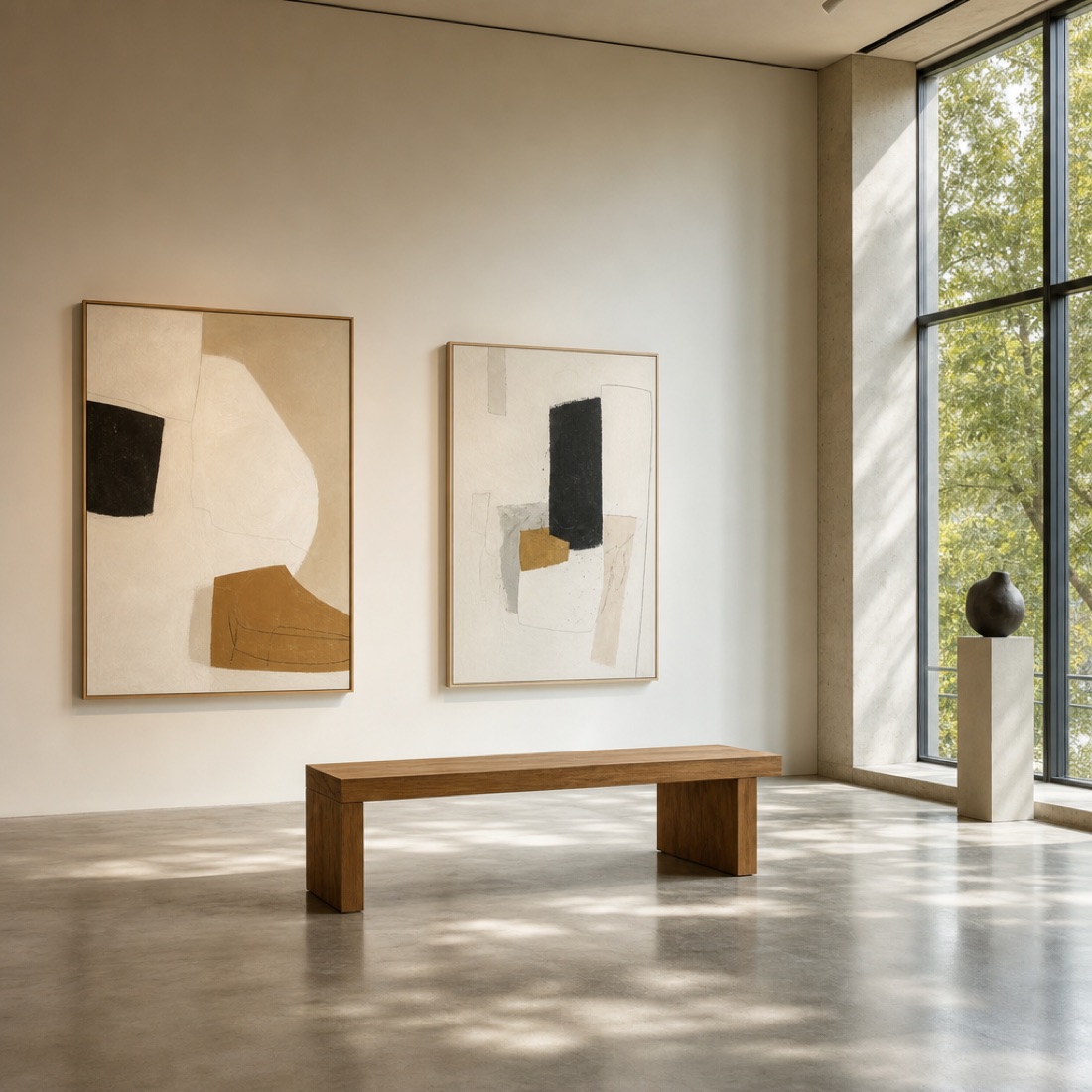 Sunlit minimalist gallery room with two framed abstract works and a wooden bench