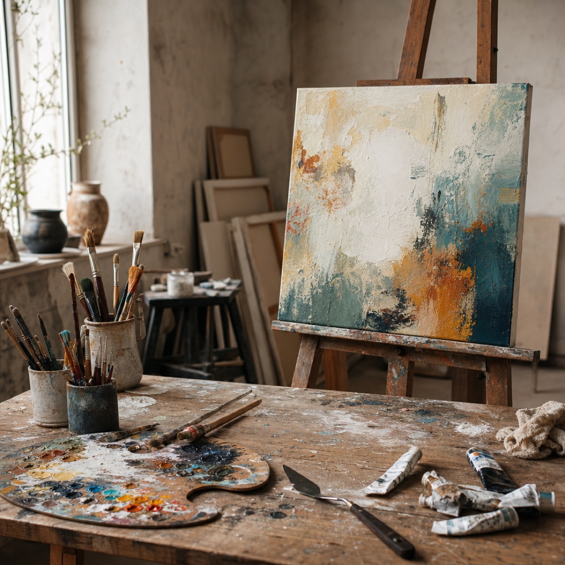 Artist studio with palette, brushes and an abstract canvas on an easel