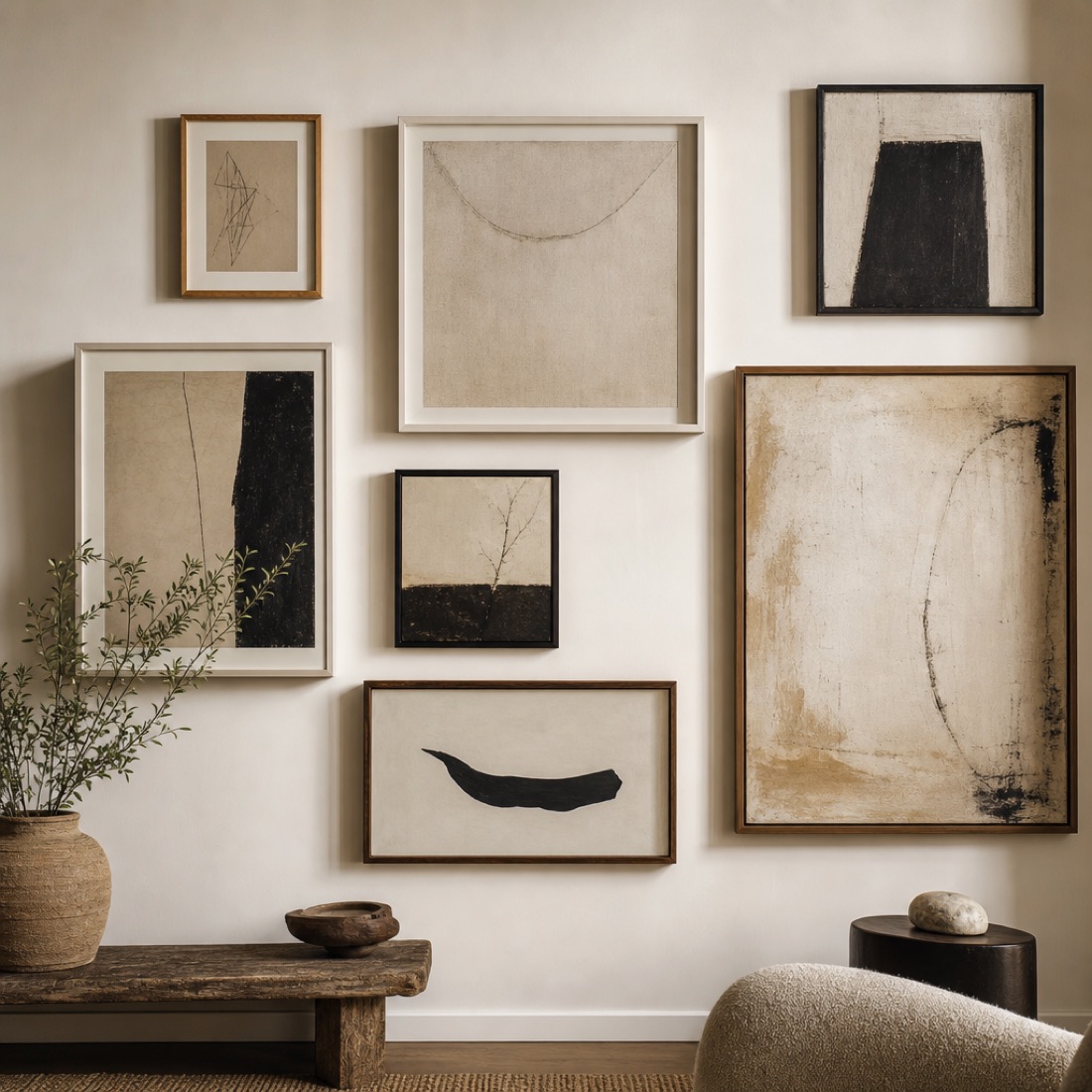 Salon-style arrangement of framed photography and works on a wall